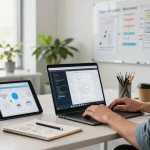Build internal tools with AI in a modern tech workspace featuring laptops and collaborative elements.