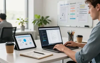 Build internal tools with AI in a modern tech workspace featuring laptops and collaborative elements.