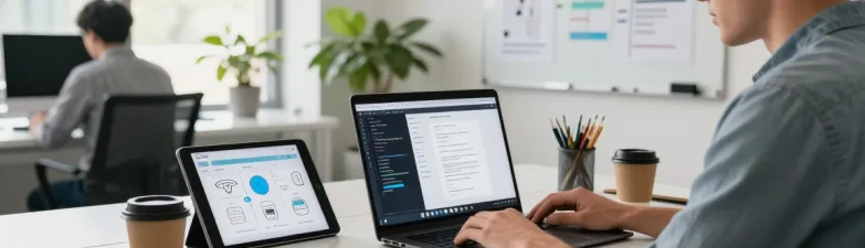 Build internal tools with AI in a modern tech workspace featuring laptops and collaborative elements.