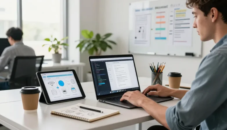 Build internal tools with AI in a modern tech workspace featuring laptops and collaborative elements.