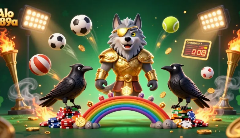 Alo 789a showcases an exhilarating scene of Odin wolf and ravens amidst vibrant casino elements, perfect for online gambling.